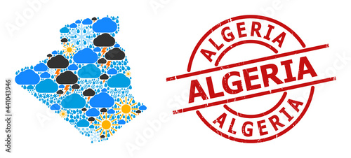 Weather collage map of Algeria, and scratched red round stamp seal. Geographic vector collage map of Algeria is organized with random rain, cloud, sun, thunderstorm.