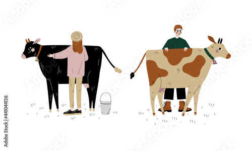 Man and Woman Farmer Standing Near Milk Cow Grazing on Pasture with Bell Hanging on Its Neck Vector Set