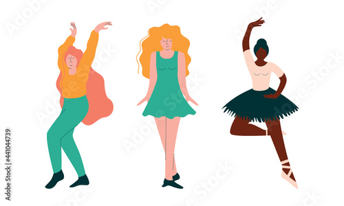 Positive Young Girl Dancing Moving Hands and Legs to Music Rythm Vector Set