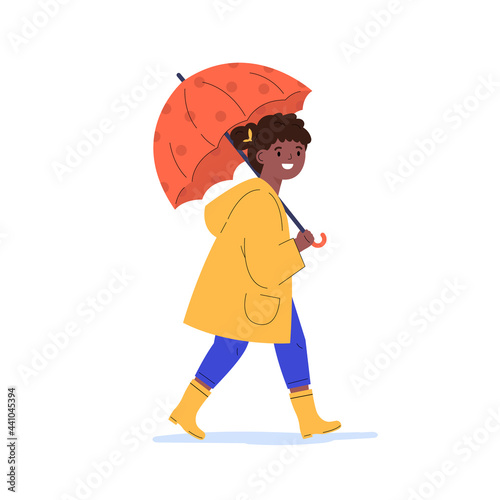 The girl walks in the rain. Happy child in a yellow raincoat under umbrella during rain. Flat vector cartoon illustration isolated on white background.