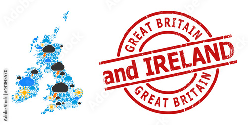 Climate mosaic map of Great Britain and Ireland, and scratched red round seal. Geographic vector mosaic map of Great Britain and Ireland is composed from randomized rain, cloud, sun,
