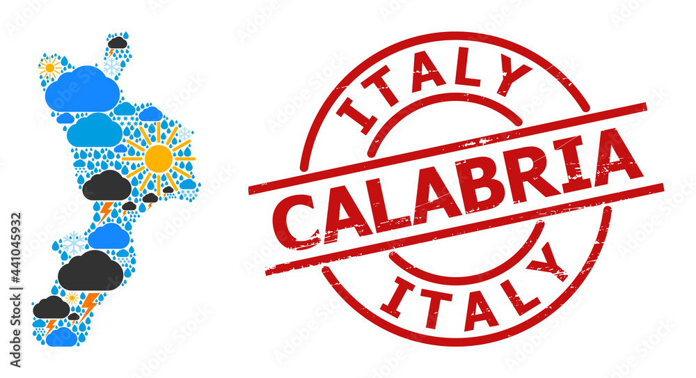 Weather collage map of Calabria region, and rubber red round badge. Geographic vector collage map of Calabria region is constructed from scattered rain, cloud, sun, thunderstorm items. Weather collage map of Calabria region, and rubber red round badge. Geographic vector collage map of Calabria region is constructed from scattered rain, cloud, sun, thunderstorm items.
