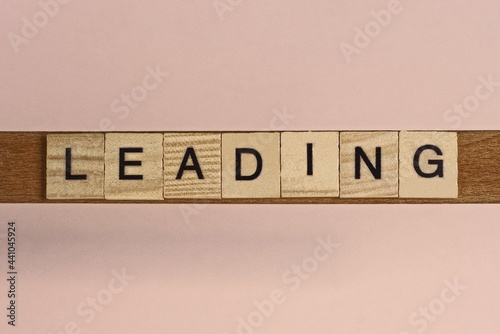 text the word leading from gray wooden small letters with black font on an pink table