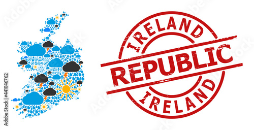 Weather mosaic map of Ireland Republic, and rubber red round seal. Geographic vector mosaic map of Ireland Republic is composed with randomized rain, cloud, sun, thunderstorm symbols.