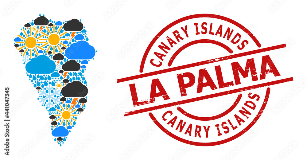 Weather collage map of La Palma Island, and textured red round stamp. Geographic vector collage map of La Palma Island is created with randomized rain, cloud, sun, thunderstorm symbols. Weather collage map of La Palma Island, and textured red round stamp. Geographic vector collage map of La Palma Island is created with randomized rain, cloud, sun, thunderstorm symbols.
