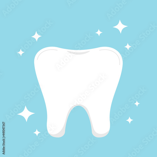 Tooth strong healthy with sparkle dental icon isolated on blue background. Clean bright tooth with sparkles. Vector flat design human dentistry clip art illustration. 