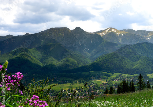 A view of the mountain range, the peaks of the Tatra Mountains and Zakopane.