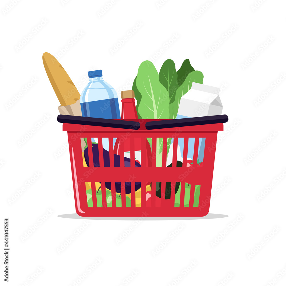 Shopping basket with products, food, grocery, supermarket illustration 