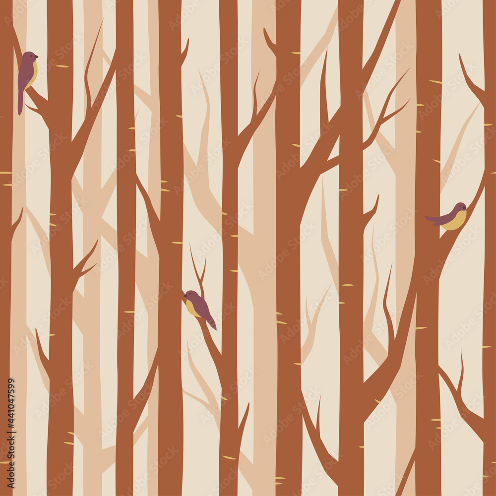 Forest, trees with birds on branches seamless pattern, vector background