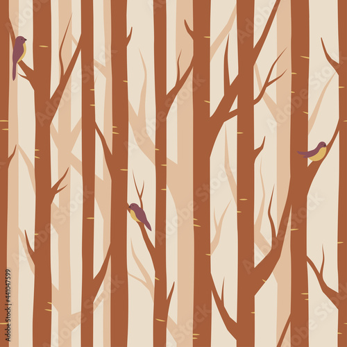 Fototapeta Naklejka Na Ścianę i Meble -  Forest, trees with birds on branches seamless pattern, vector background