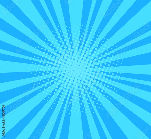 Pop art background. Comic halftone pattern. Blue cartoon starburst texture. Retro print with beams and dots. Vintage sunburst banner. Funny superhero backdrop. Vector illustration. Duotone effect.