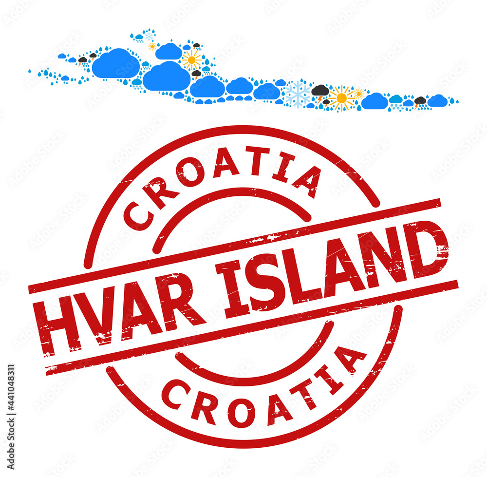 Climate collage map of Hvar Island, and textured red round stamp seal. Geographic vector collage map of Hvar Island is constructed from random rain, cloud, sun, thunderstorm elements. Climate collage map of Hvar Island, and textured red round stamp seal. Geographic vector collage map of Hvar Island is constructed from random rain, cloud, sun, thunderstorm elements.
