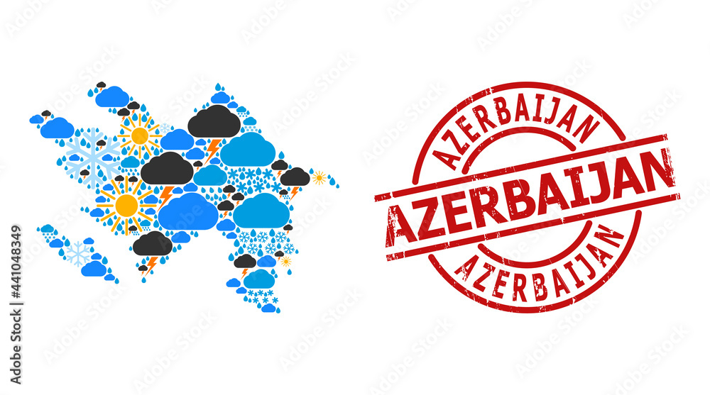 Weather mosaic map of Azerbaijan, and rubber red round seal. Geographic vector mosaic map of Azerbaijan is constructed from randomized rain, cloud, sun, thunderstorm icons. Weather mosaic map of Azerbaijan, and rubber red round seal. Geographic vector mosaic map of Azerbaijan is constructed from randomized rain, cloud, sun, thunderstorm icons.
