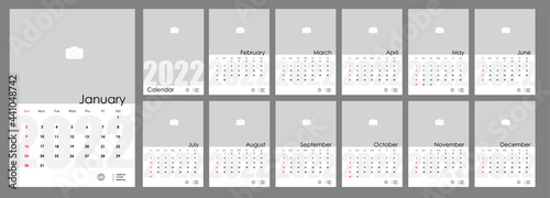 Wall Monthly Photo Calendar 2022. Simple monthly vertical photo calendar Layout for 2022 year in English. Cover Calendar, 12 monthes templates. Week starts from Sunday. Vector illustration