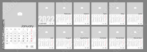 Wall Monthly Photo Calendar 2022. Simple monthly vertical photo calendar Layout for 2022 year in English. Cover Calendar, 12 monthes templates. Week starts from Monday. Vector illustration