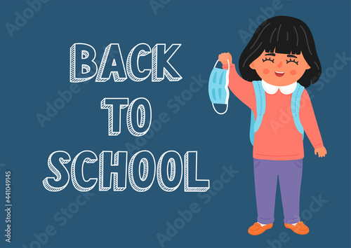 Back to School after the end of COVID-19 virus pandemic. Child removes medical mask with hand lettering. Ending pandemic quarantine in education.