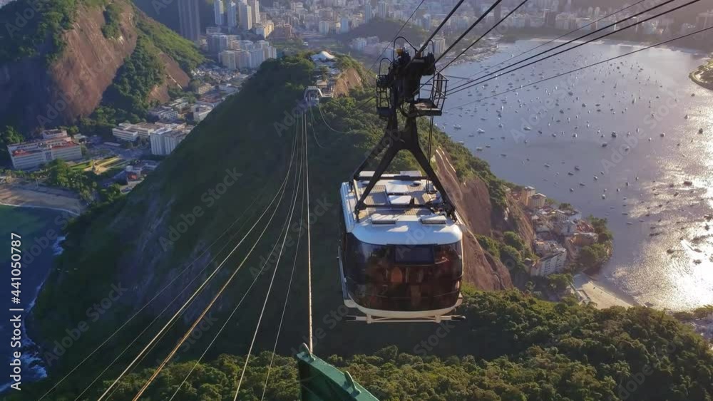 Sugar Loaf Hill and the cable car going up in the late afternoon in Rio de Janeiro