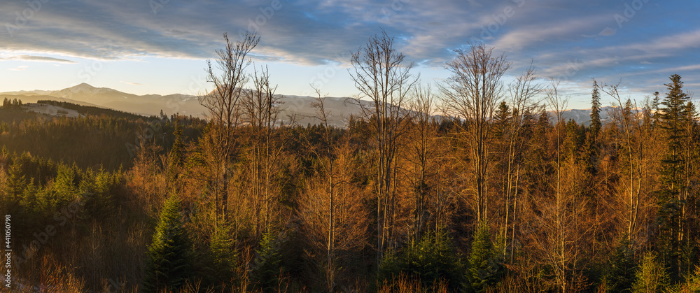 Picturesque sunrise above late autumn mountain countryside.  Ukraine, Carpathian Mountains. Peaceful traveling, seasonal, nature and countryside beauty concept scene.
