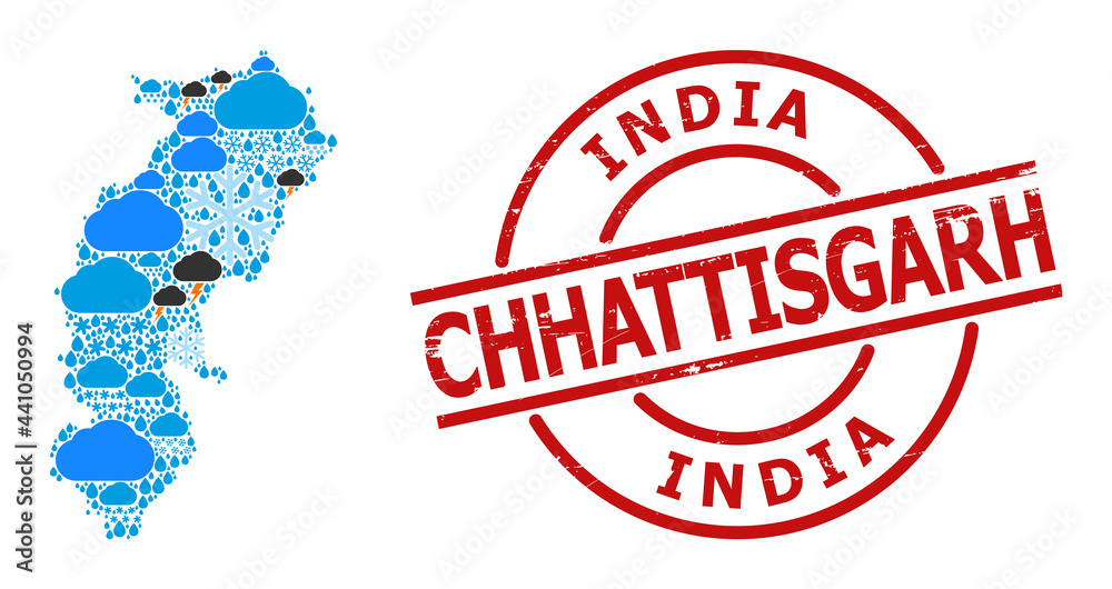 Climate collage map of Chhattisgarh State, and scratched red round seal. Geographic vector collage map of Chhattisgarh State is organized from scattered rain, cloud, sun, thunderstorm items. Climate collage map of Chhattisgarh State, and scratched red round seal. Geographic vector collage map of Chhattisgarh State is organized from scattered rain, cloud, sun, thunderstorm items.
