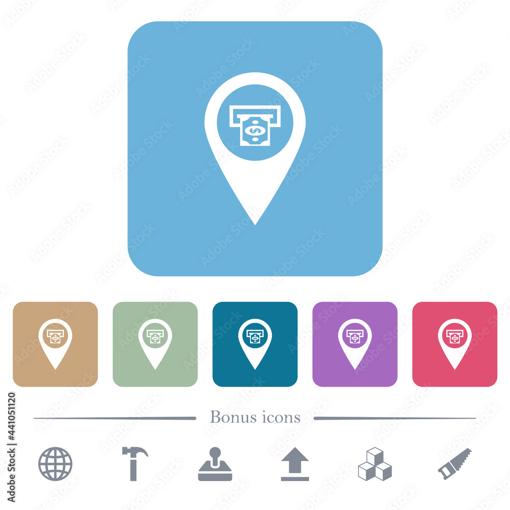 Bank ATM GPS map location flat icons on color rounded square backgrounds Bank ATM GPS map location flat icons on color rounded square backgrounds