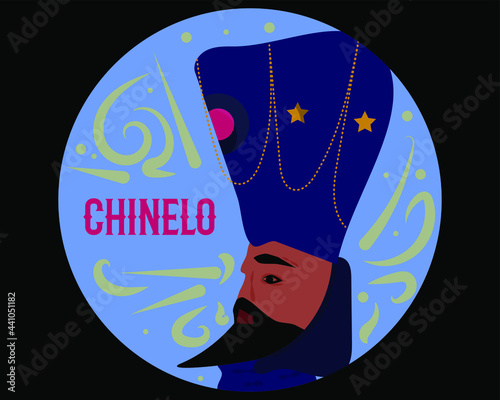 Illustration of Chinelo's face, Huehuenche, with his name in Spanish. Typical Mexican dance costume.