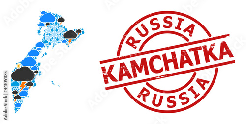 Climate collage map of Kamchatka Peninsula, and rubber red round seal. Geographic vector composition map of Kamchatka Peninsula is combined from random rain, cloud, sun, thunderstorm symbols.