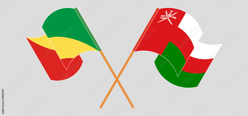 Crossed and waving flags of Republic of the Congo and Oman Crossed and waving flags of Republic of the Congo and Oman