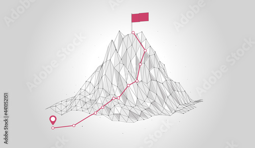 Mountain with trail to the top and red flag on the peak. Technology and wireframe style vector illustration.