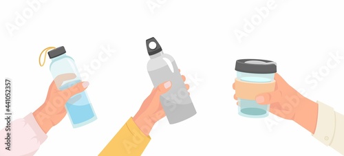 Reusable container for liquids. Various poses of hands holding a bottle, tumbler, sports water bottle. Use your own bottle. Vector, flat illustration. © Valentina