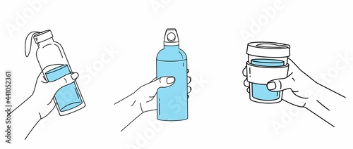 Reusable container for liquids. Various poses of hands holding a bottle, tumbler, sports water bottle. Use your own bottle. Outline vector illustration.