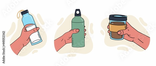 Reusable container for liquids. Various poses of hands holding a bottle, tumbler, sports water bottle. Use your own bottle. Outline color vector illustration.