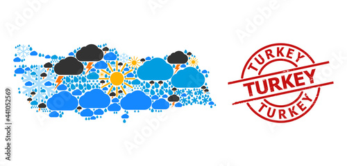Climate collage map of Turkey, and grunge red round badge. Geographic vector collage map of Turkey is designed from random rain, cloud, sun, thunderstorm icons.