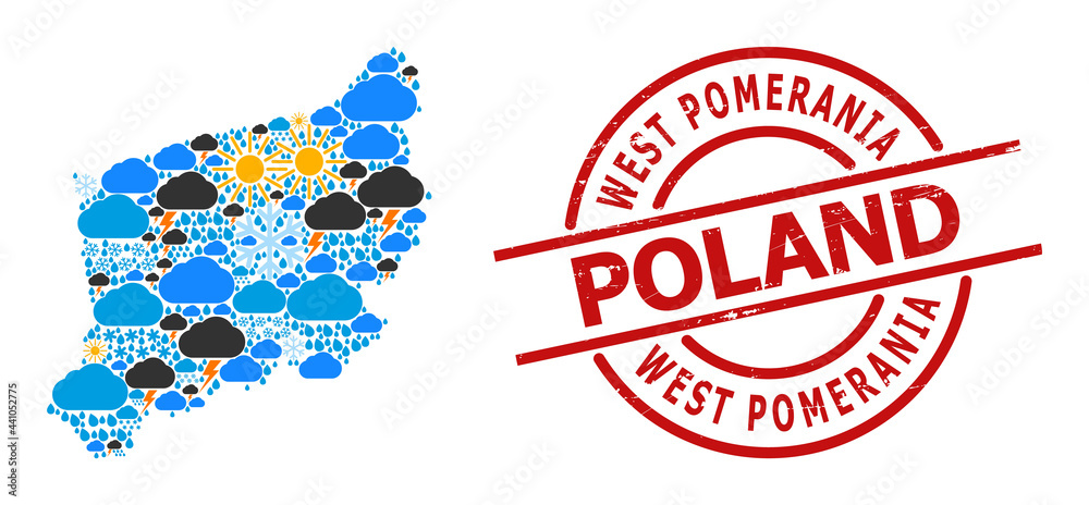 Weather pattern map of West Pomerania Province, and distress red round stamp. Geographic vector composition map of West Pomerania Province is designed with scattered rain, cloud, sun,
