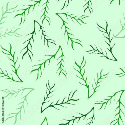 Vector green floral rustic seamless pattern with plant leaves and branches on light background