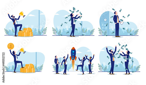 Successful business illustration collection - Set of illustrations with businesspeople winning, making money and cheering. Business growth concept. Vector