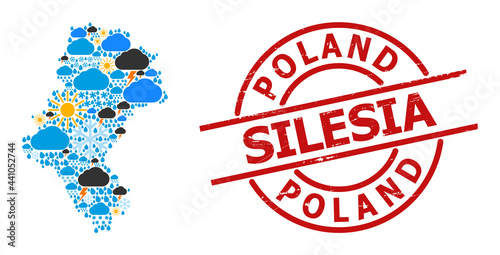 Weather mosaic map of Silesia Province, and textured red round stamp seal. Geographic vector concept map of Silesia Province is created with random rain, cloud, sun, thunderstorm icons.