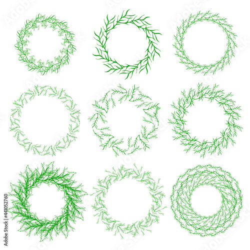 Set of hand drawn vector green floral rustic circle wreaths with plant leaves and branches on white background