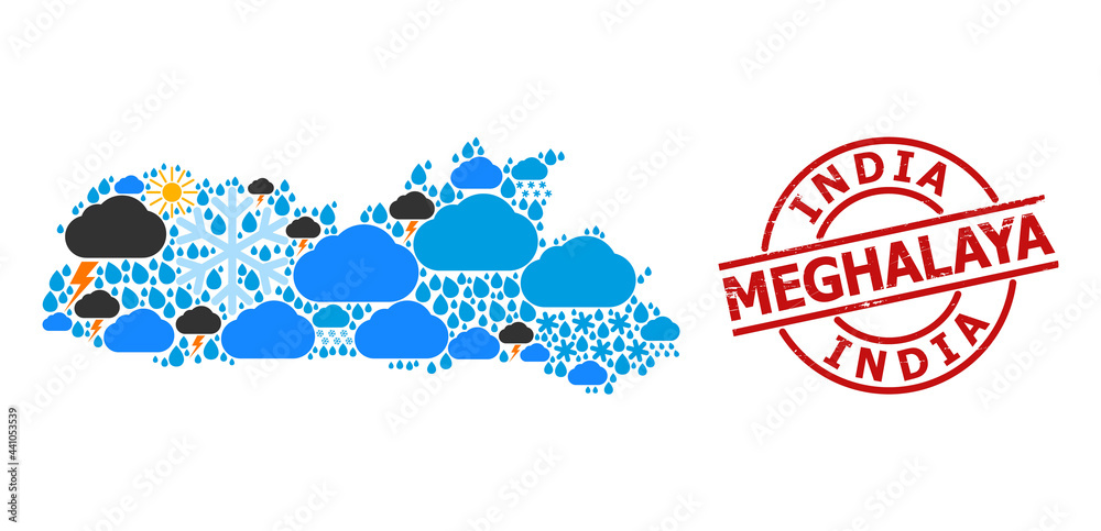 Climate mosaic map of Meghalaya State, and textured red round stamp. Geographic vector mosaic map of Meghalaya State is created with random rain, cloud, sun, thunderstorm items. Climate mosaic map of Meghalaya State, and textured red round stamp. Geographic vector mosaic map of Meghalaya State is created with random rain, cloud, sun, thunderstorm items.