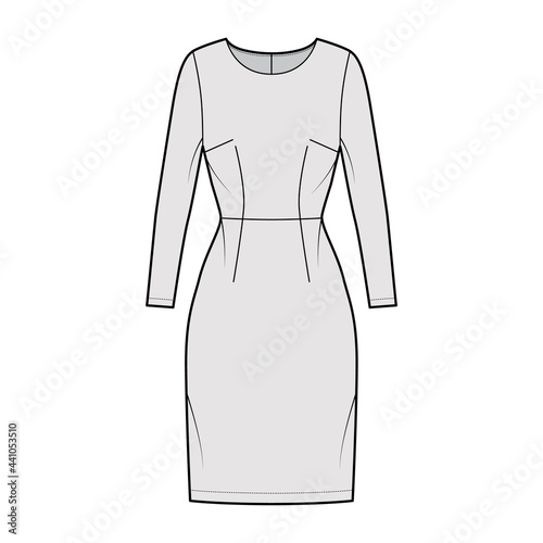 Dress sheath technical fashion illustration with long sleeves, natural waistline, fitted body, knee length pencil skirt. Flat apparel front, grey color style. Women, men unisex CAD mockup