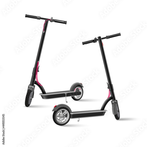 Black electric kick scooter on white background realistic vector illustration. photo
