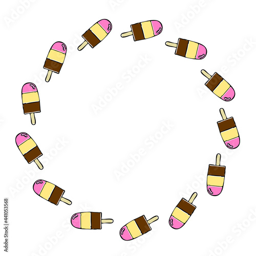 Cute colorful ice cream vector circle frame on white background