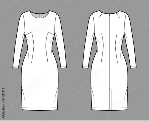 Dress sheath technical fashion illustration with long sleeves, fitted body, knee length pencil skirt. Flat apparel front, back, white color style. Women, men unisex CAD mockup