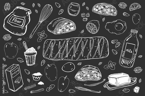 Viennese strudel isolated on black background recipe and ingredients.