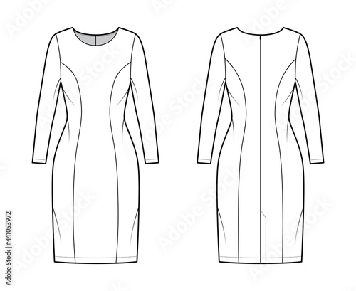 Dress princess line technical fashion illustration with long sleeve, fitted body, knee length pencil skirt. Flat apparel front, back, white color style. Women, men unisex CAD mockup