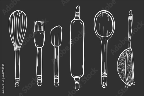 Illustration of cute kitchen objects for cooking are drawn with a white outline.
