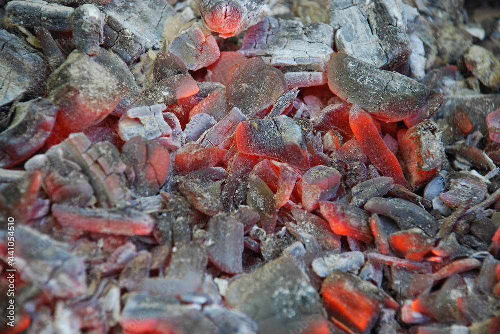 Embers of red and black color. Many burning out coals lie nearby. Some coals have already formed white ash. Some of the coals glow red.