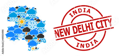 Weather pattern map of New Delhi City, and distress red round badge. Geographic vector mosaic map of New Delhi City is created from randomized rain, cloud, sun, thunderstorm.