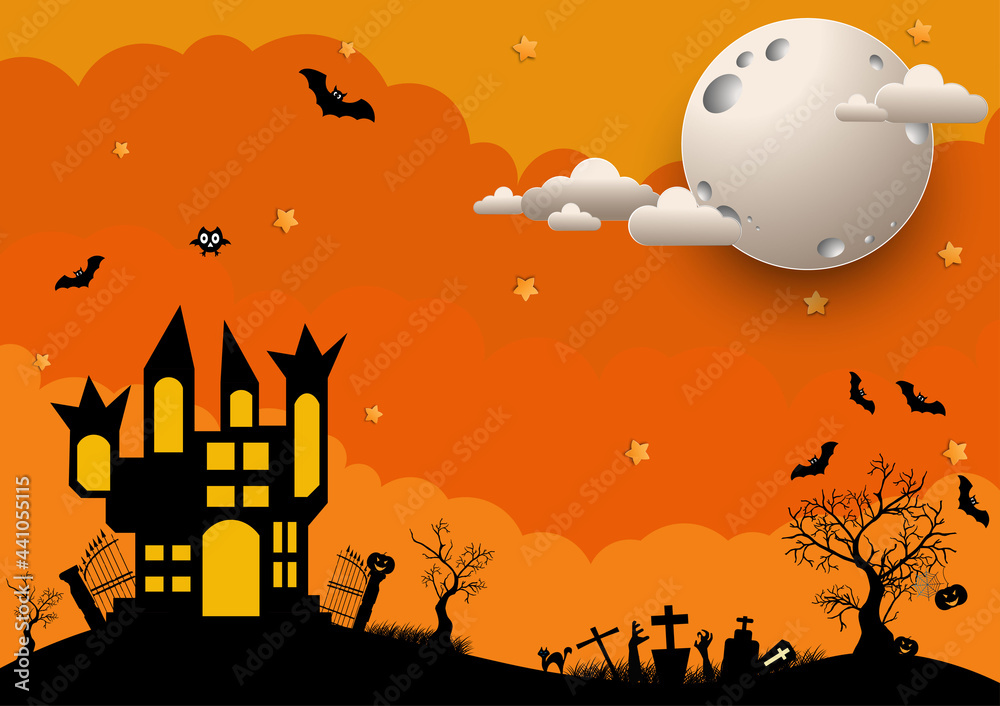 Halloween and full moon in the dark night.Dark castle on blue Moon background.Ghost and flying bats, tomb, scary,decoration.Vector Halloween and flat style concept.