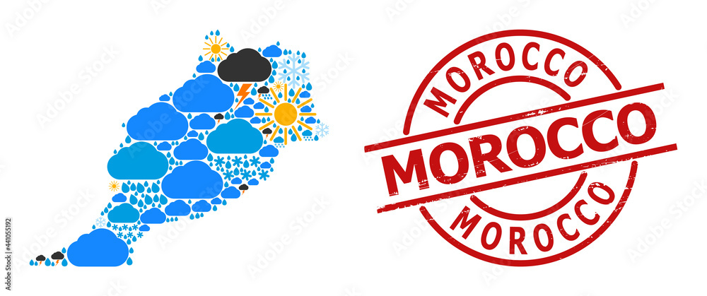 Climate mosaic map of Morocco, and textured red round stamp seal. Geographic vector collage map of Morocco is constructed with randomized rain, cloud, sun, thunderstorm icons.