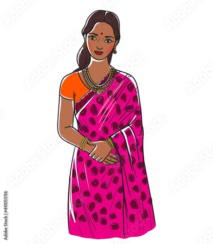 beautiful young girl in traditional Indian dress. vector illustration in flat style on white background